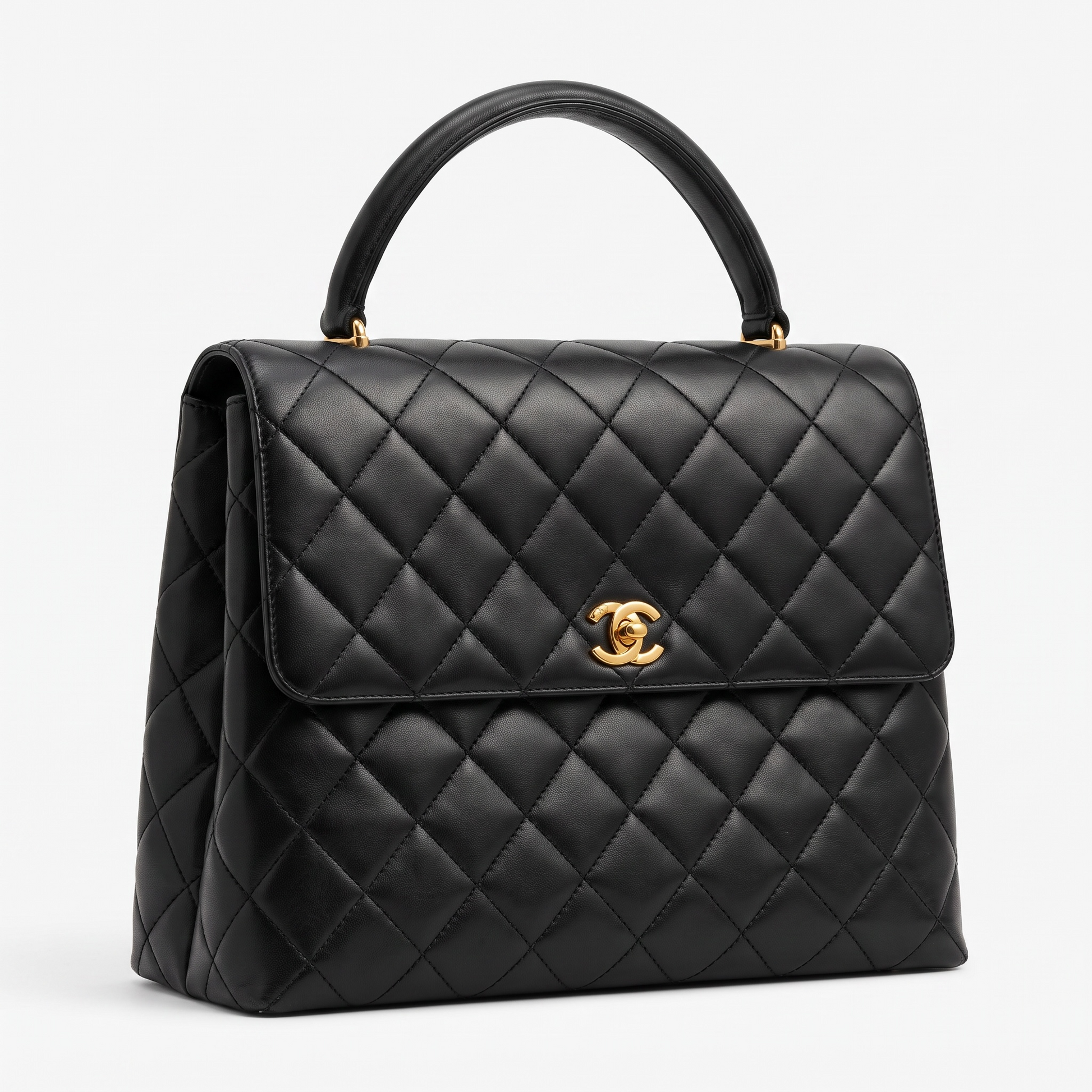 Preowned, Black Lambskin Leather with traditional Gold Hardware Chanel Kelly Bag Handbag, Large