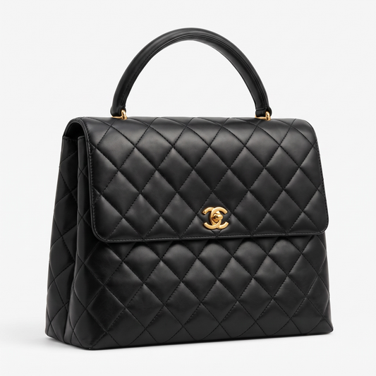 Preowned, Black Lambskin Leather with traditional Gold Hardware Chanel Kelly Bag Handbag, Large