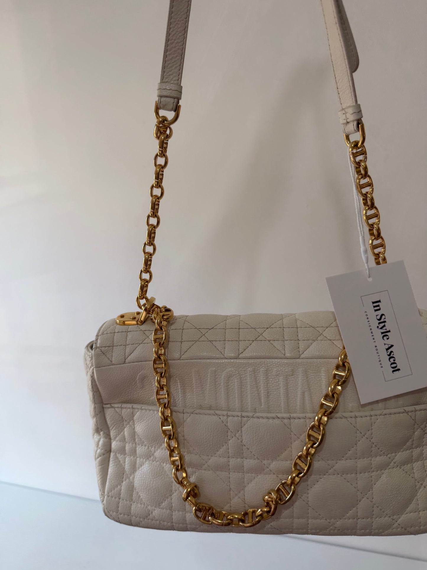 Preowned Cream/White Christian Dior Caro Bag, Medium