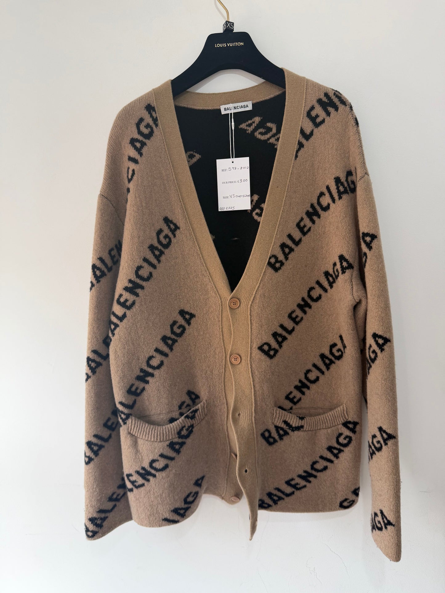 Preloved, Brown Balenciaga Oversized Cardigan, Size XS Logo Intarsia-Knit Cardigan