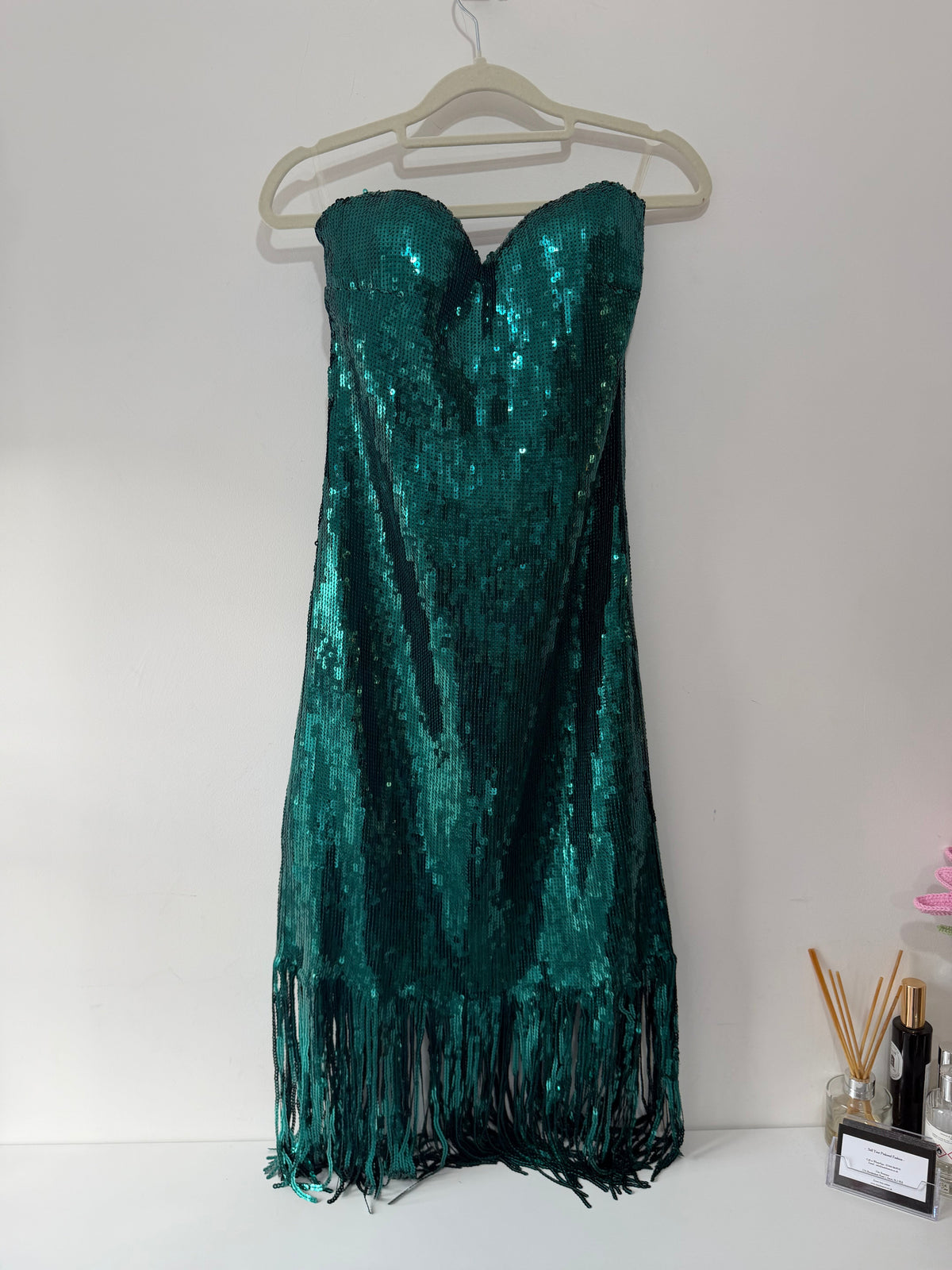 Preloved, Emerald Green sequin party dress Goddiva  Bandeau Dress, UK 12