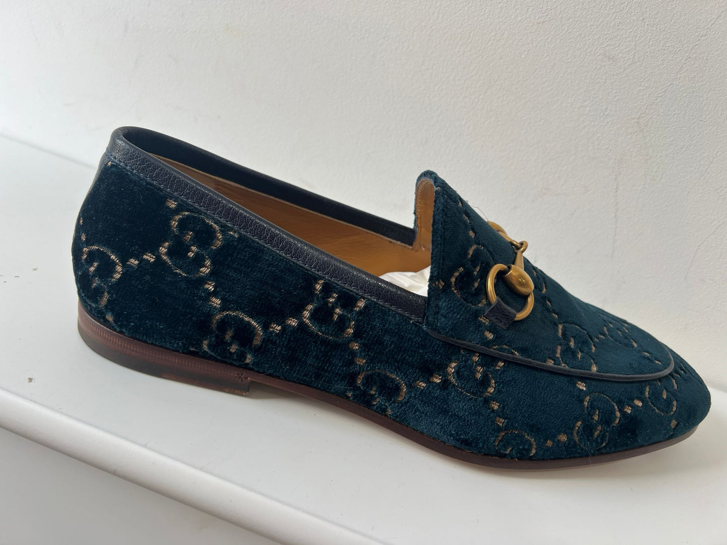 Preloved Navy Velvet, Monogram Pattern with Gold-tone horsebit Gucci  Jordan Loafers, Size 39 - UK 6