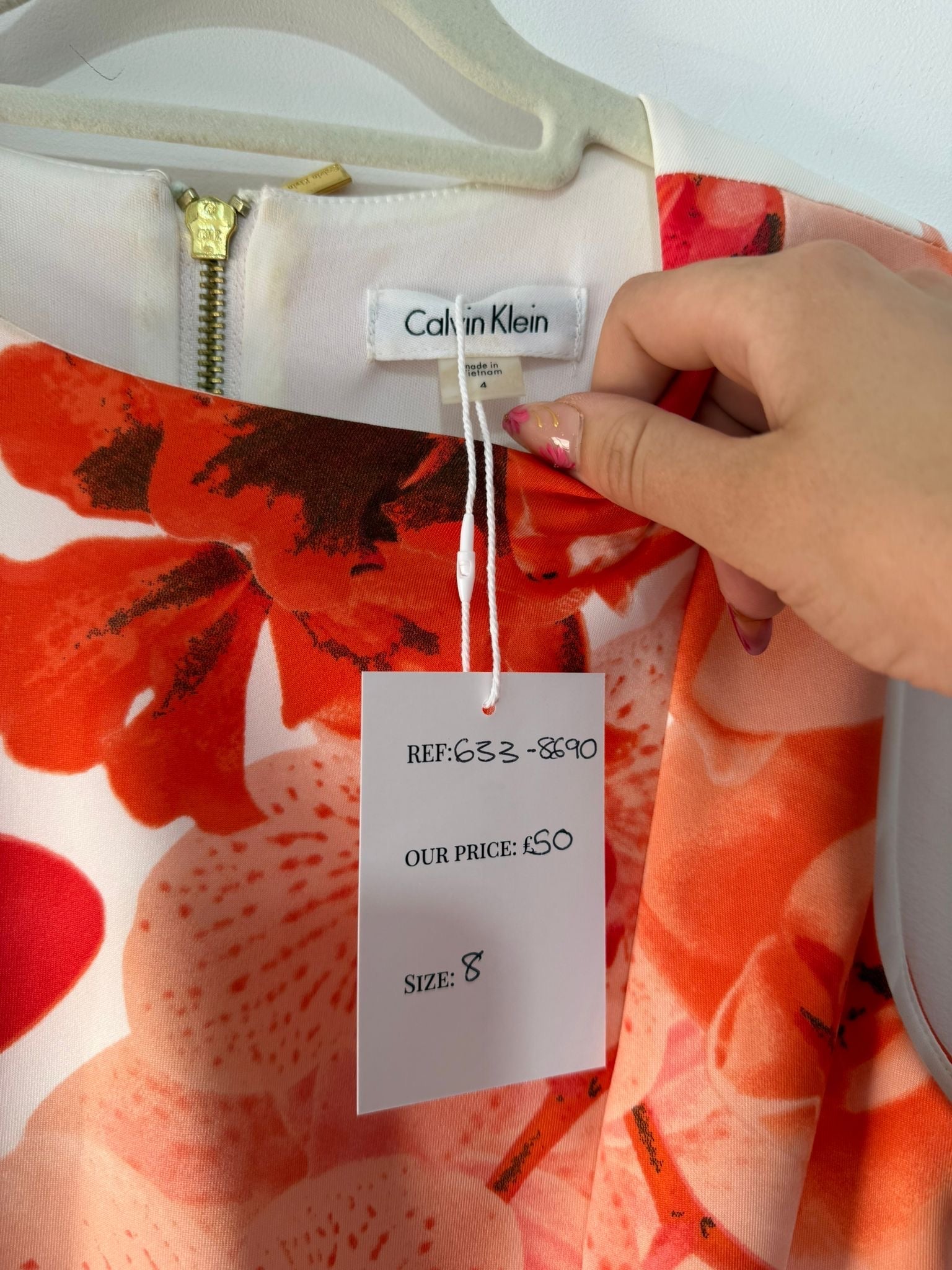 Preloved Orange White Calvin Klein Dress, Size 8