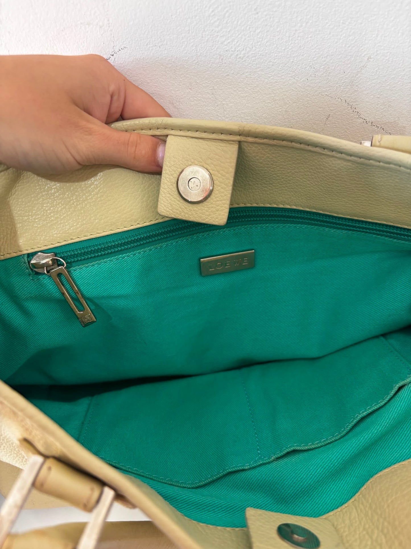 Preloved, Beige with Tiffany teal interior with Silver Hardware Loewe Handbag