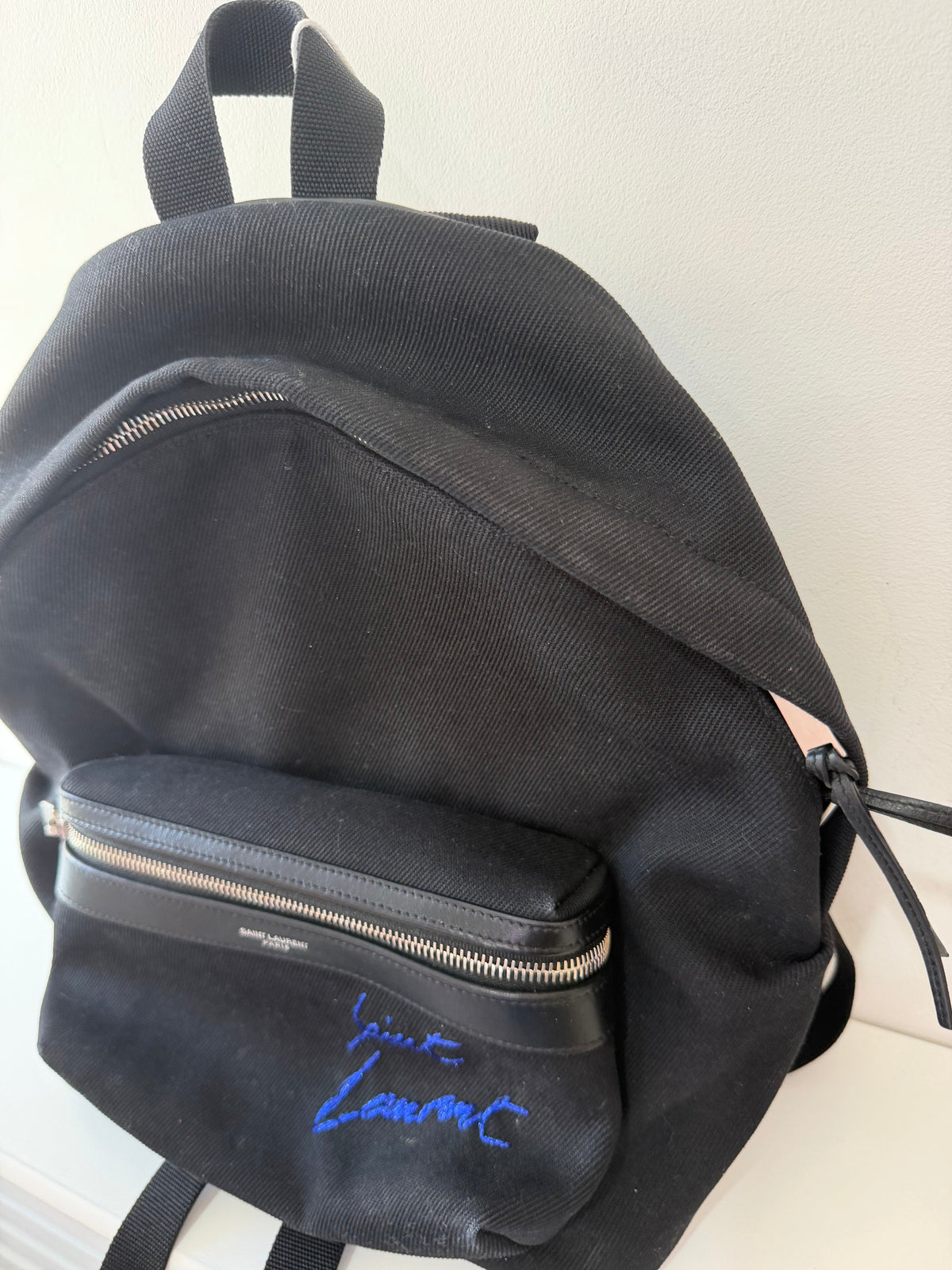 Preloved Black Saint Laurent Canvas Backpack, 36cm Height X 28cm Wide