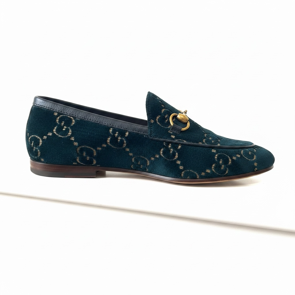 Preloved Navy Velvet, Monogram Pattern with Gold-tone horsebit Gucci  Jordan Loafers, Size 39 - UK 6