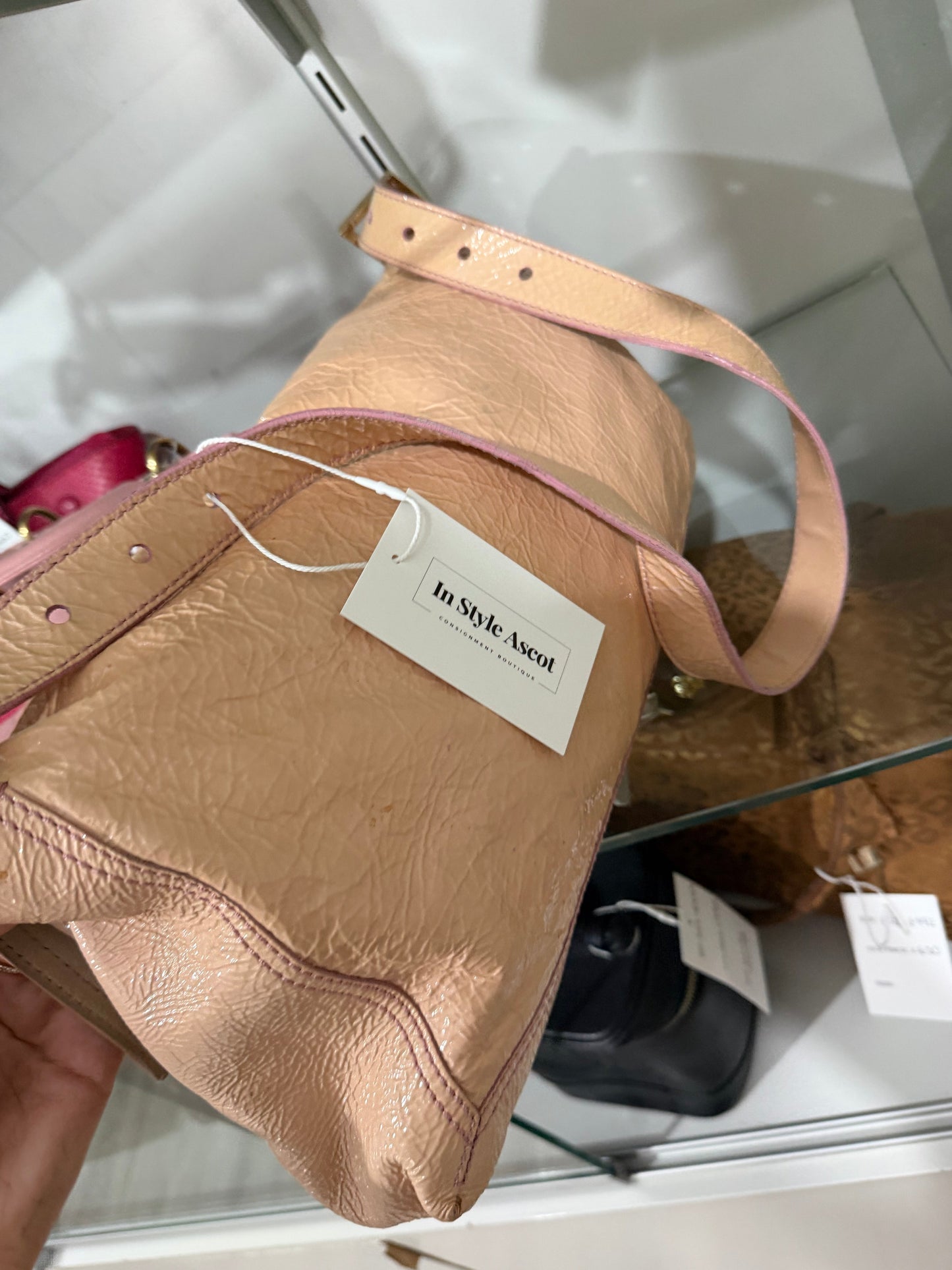 Preloved Patent Leather Beige Fendi Baguette Bag, Grande