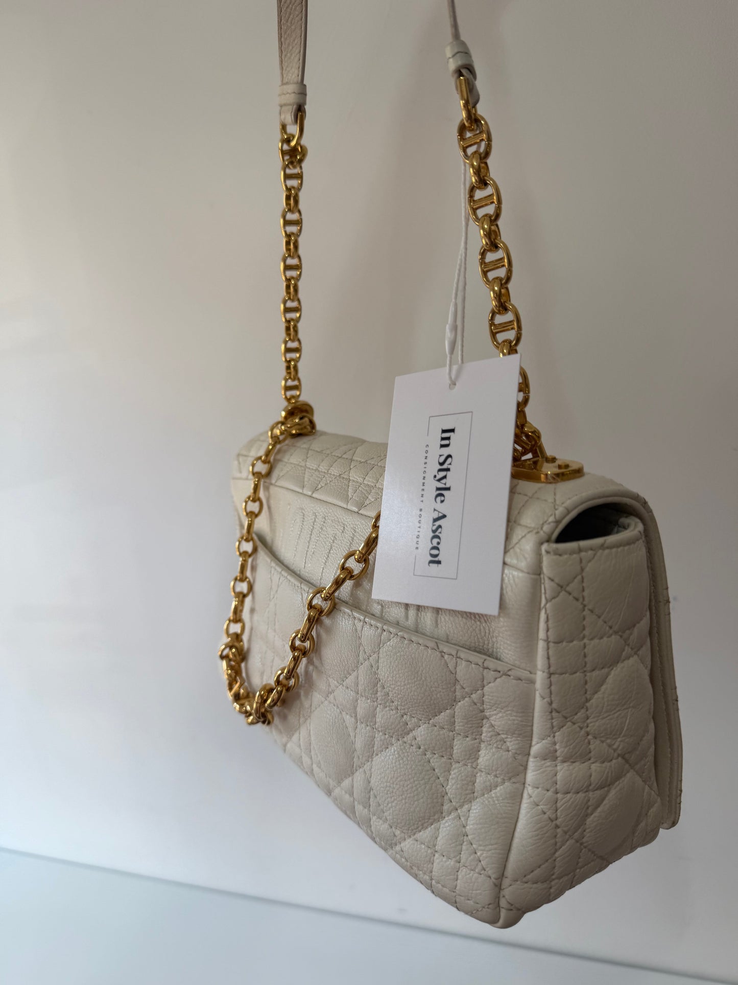 Preowned Cream/White Christian Dior Caro Bag, Medium