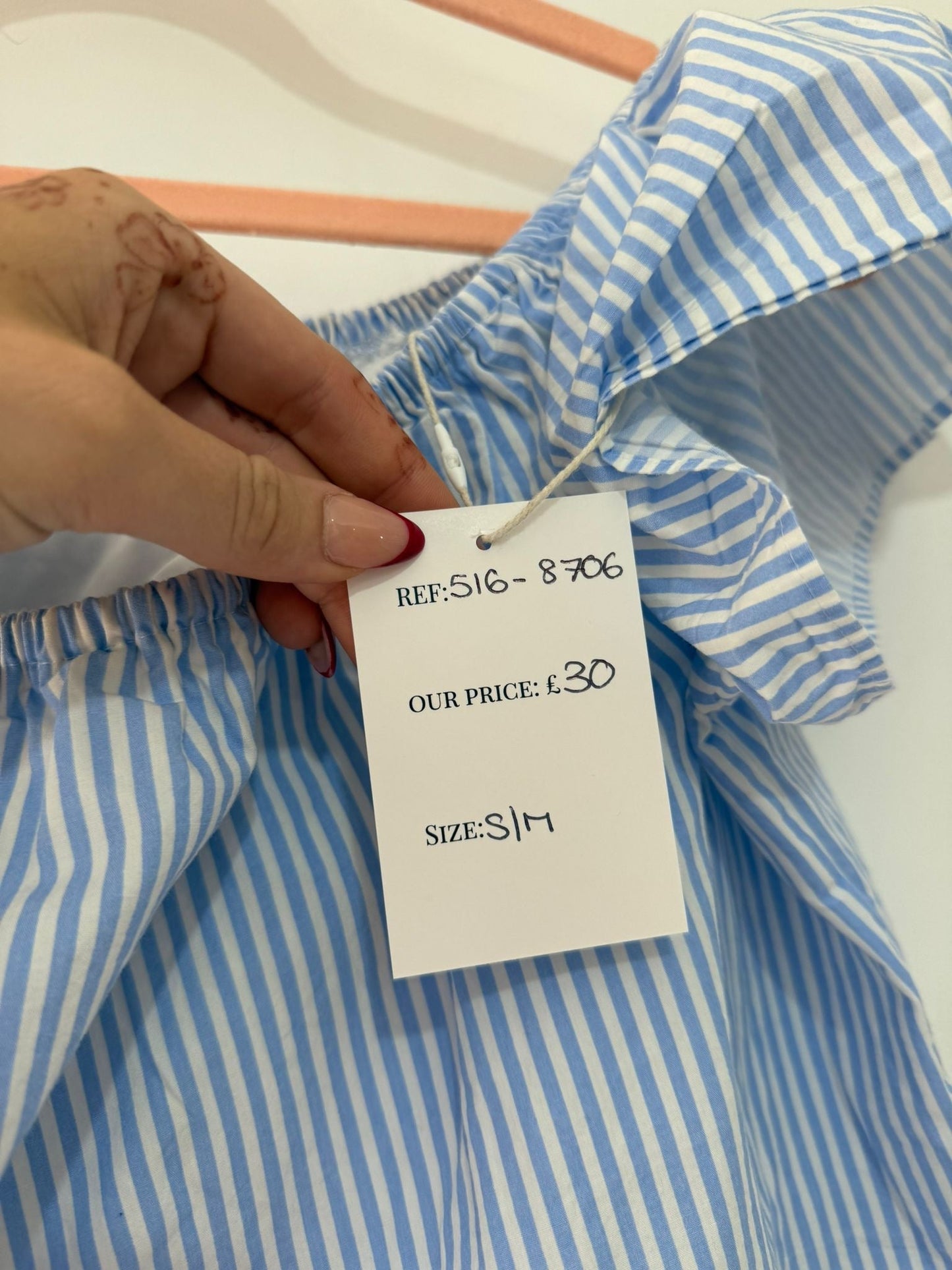 Preloved Stripey Blue and White Boutique Off the Shoulder Top, Size S/M