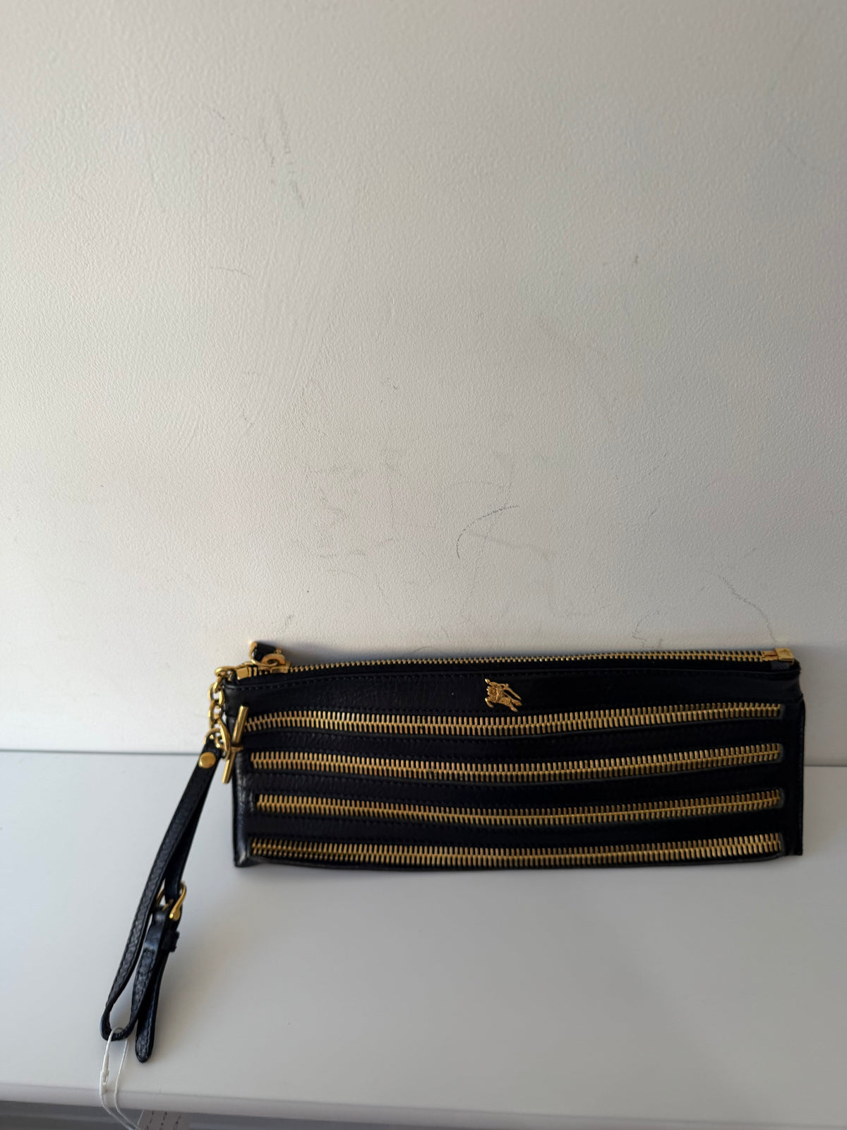 Preloved Black and Gold Burberry Clutch Bag, 33cm Wide 13cm Height