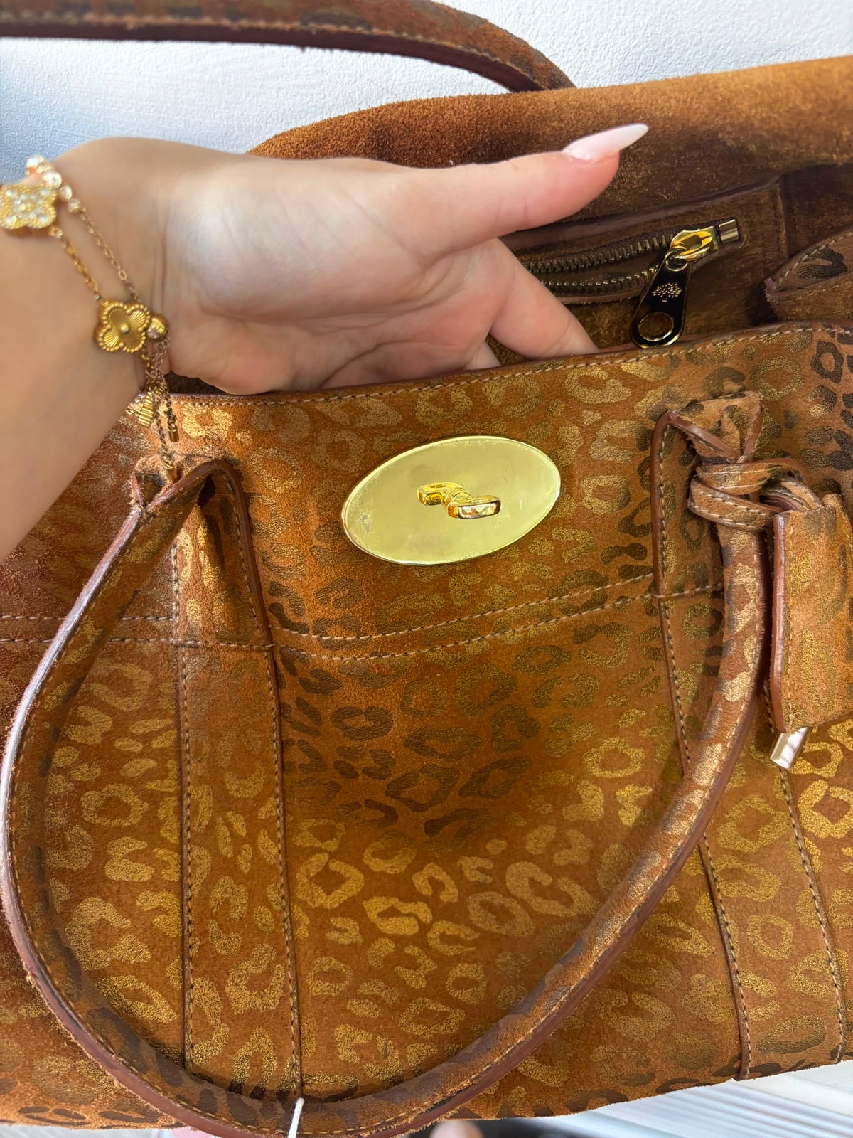 Preloved, Metallic Leopard print camel suede, gold hardware  Mulberry Bayswater Handbag