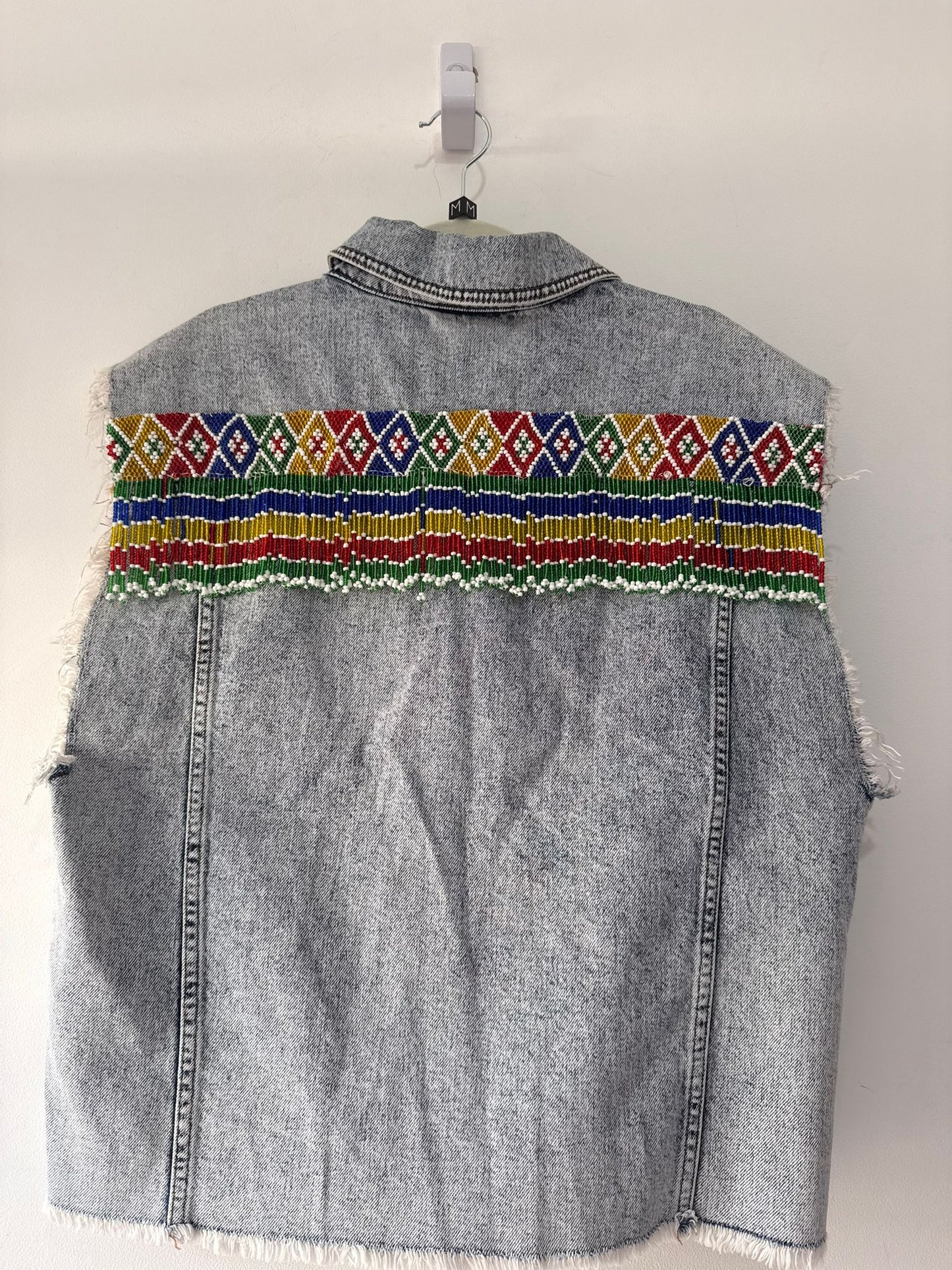 Preloved Blue and Rainbow BDG Beaded Denim Vest, Size S/M