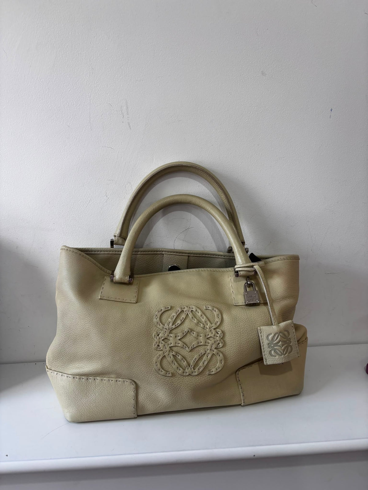 Preloved, Beige with Tiffany teal interior with Silver Hardware Loewe Handbag