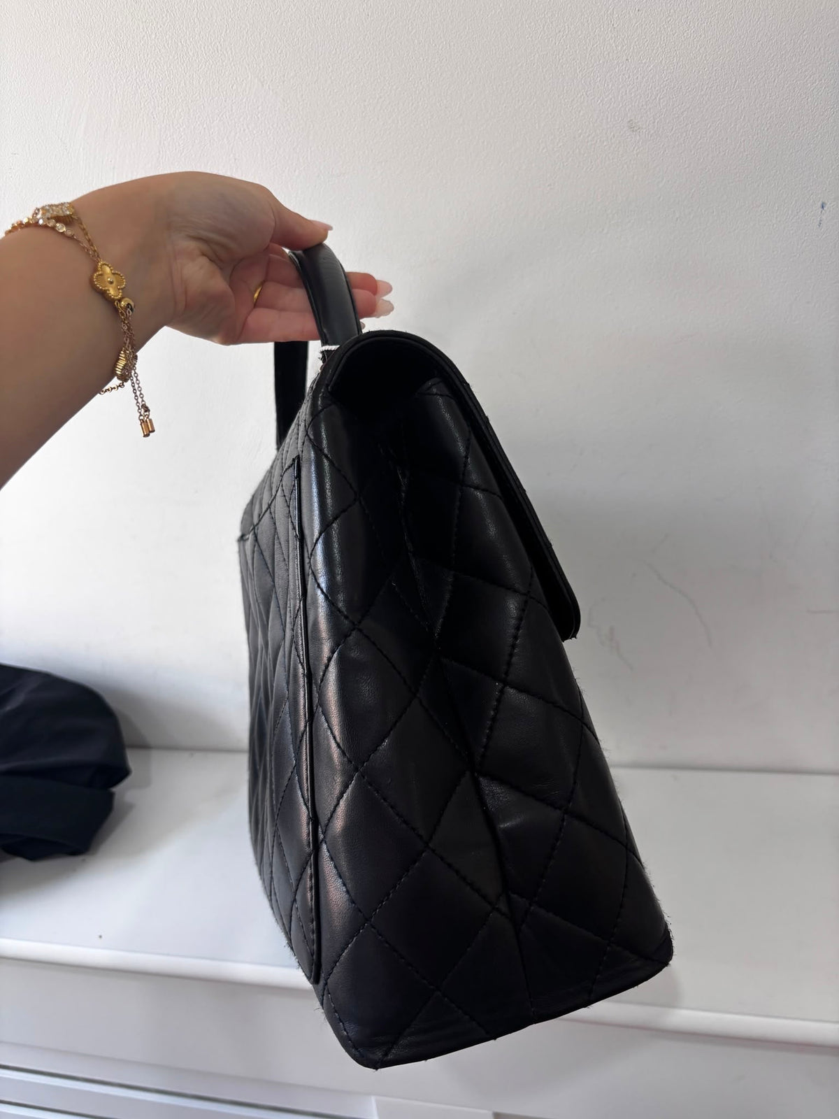 Preowned, Black Lambskin Leather with traditional Gold Hardware Chanel Kelly Bag Handbag, Large