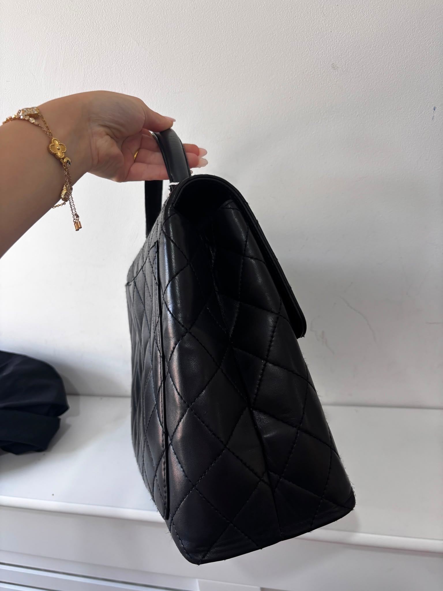 Preowned, Black Lambskin Leather with traditional Gold Hardware Chanel Kelly Bag Handbag, Large