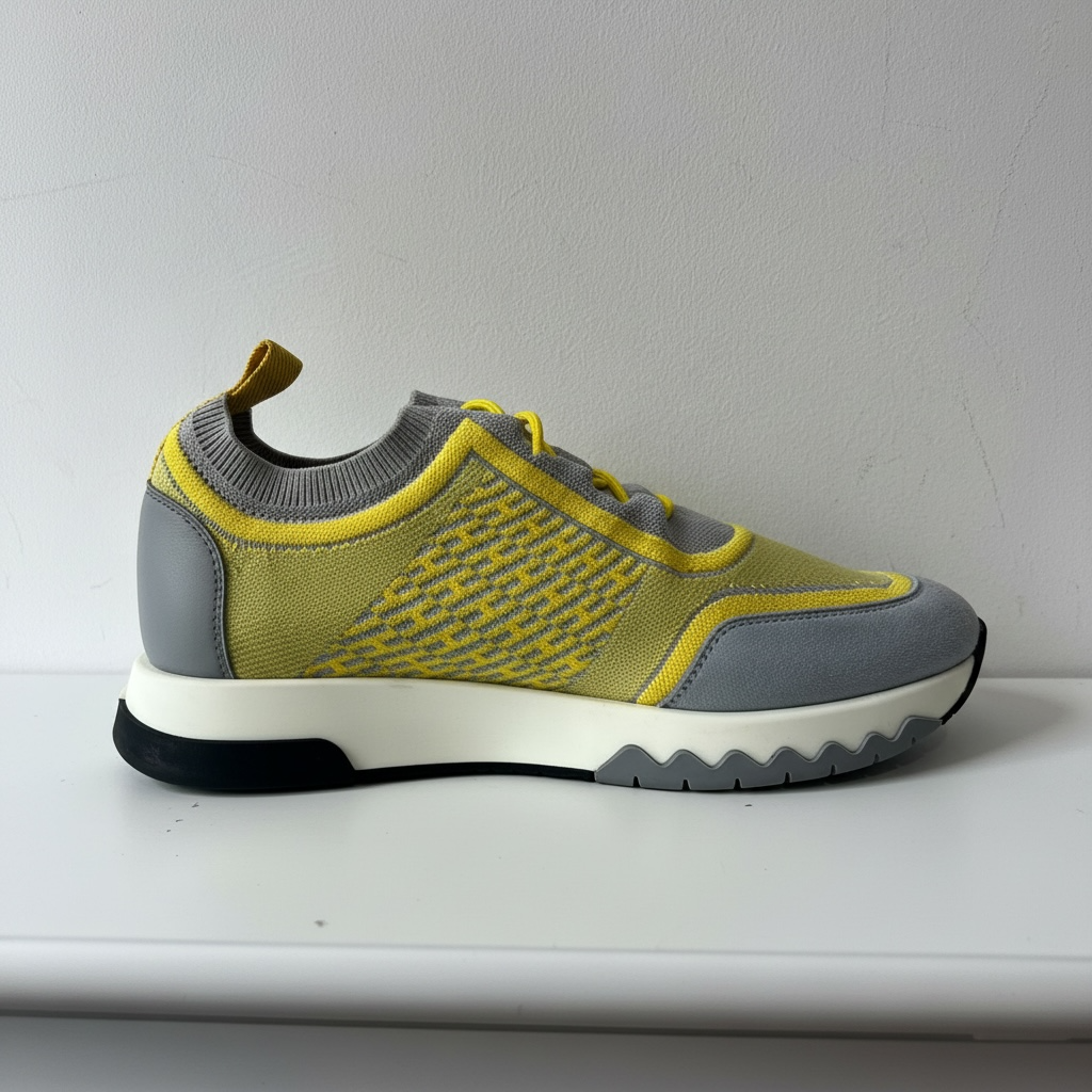 Preloved Grey and Yellow Hermes Femme Sneaker Addict, Size 37.5 - UK 4.5