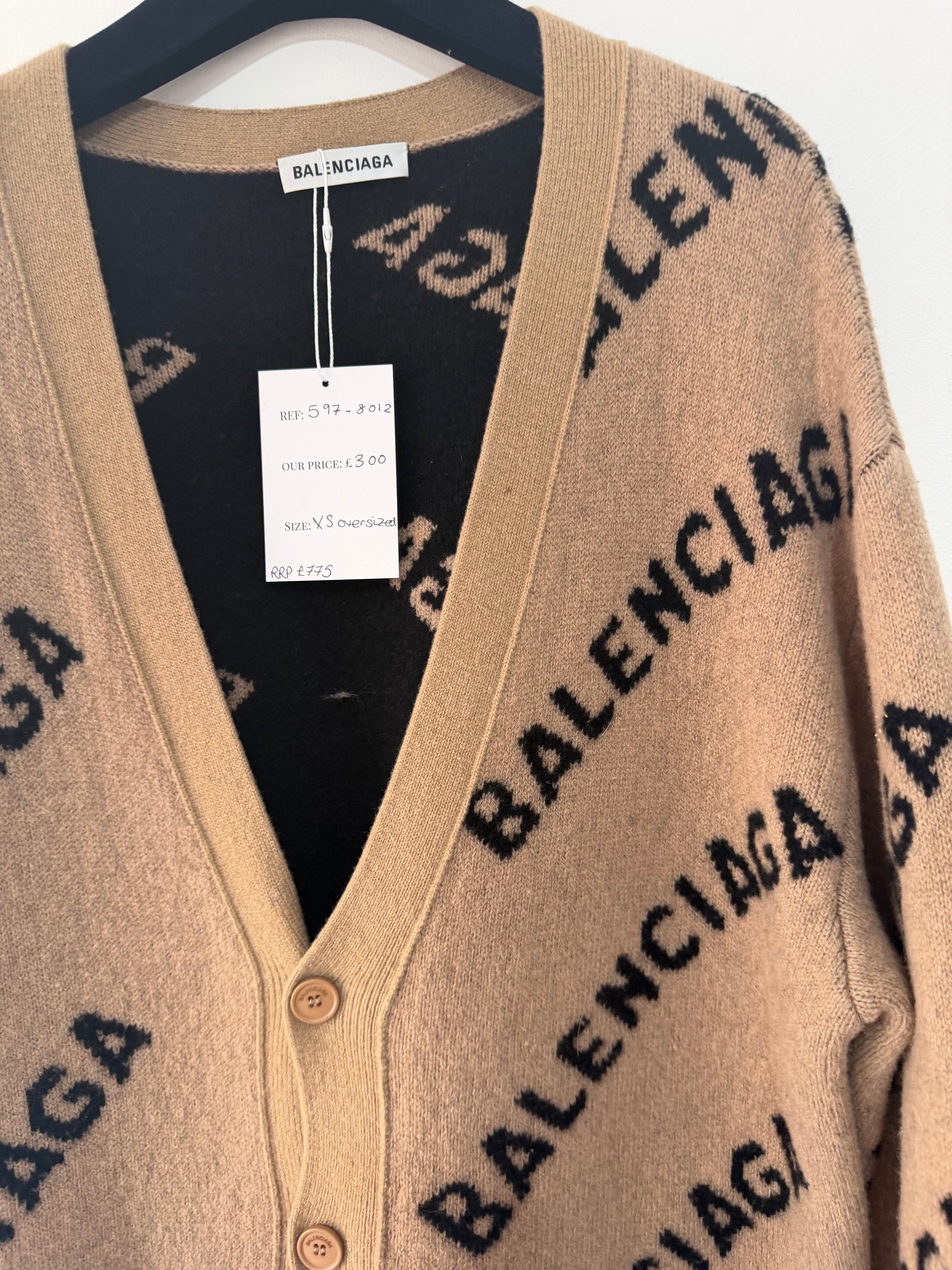 Preloved, Brown Balenciaga Oversized Cardigan, Size XS Logo Intarsia-Knit Cardigan