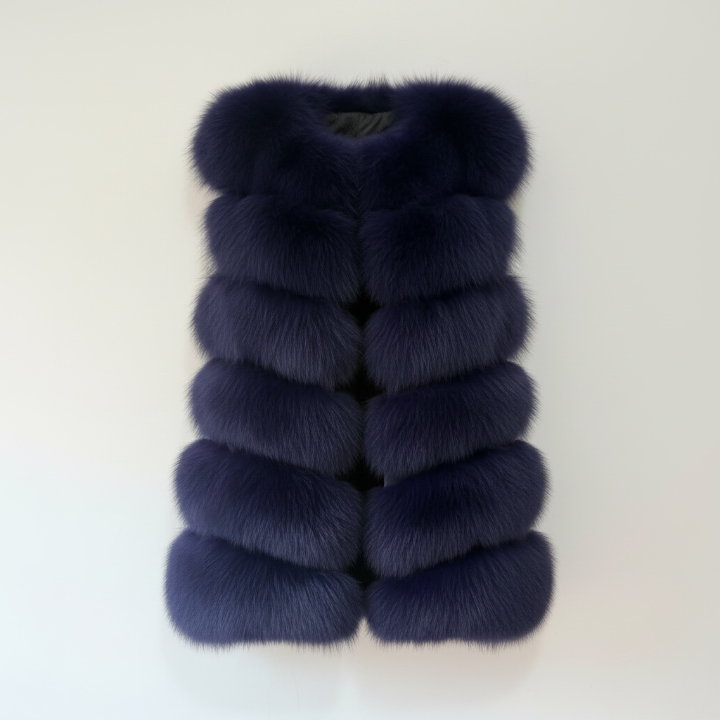Preloved Navy Real Fur Fox Fur Gilet, Size 8-10