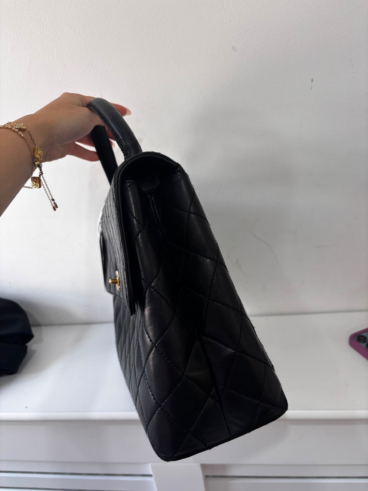 Preowned, Black Lambskin Leather with traditional Gold Hardware Chanel Kelly Bag Handbag, Large
