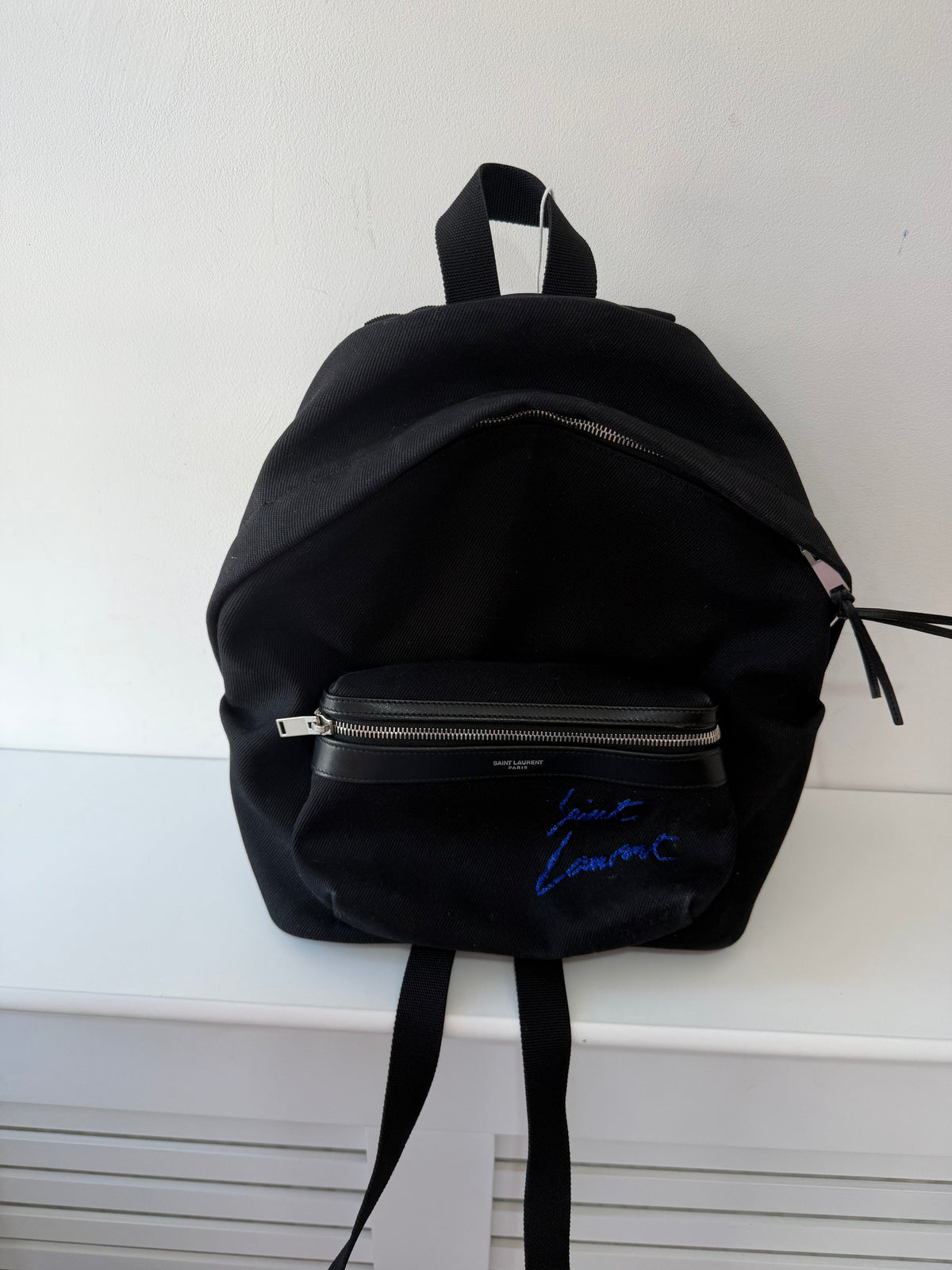 Preloved Black Saint Laurent Canvas Backpack, 36cm Height X 28cm Wide