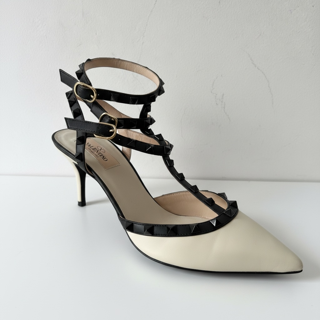 Preloved Cream and Black Valentino Garavani Heels, Size 39.5 (UK 6.5)