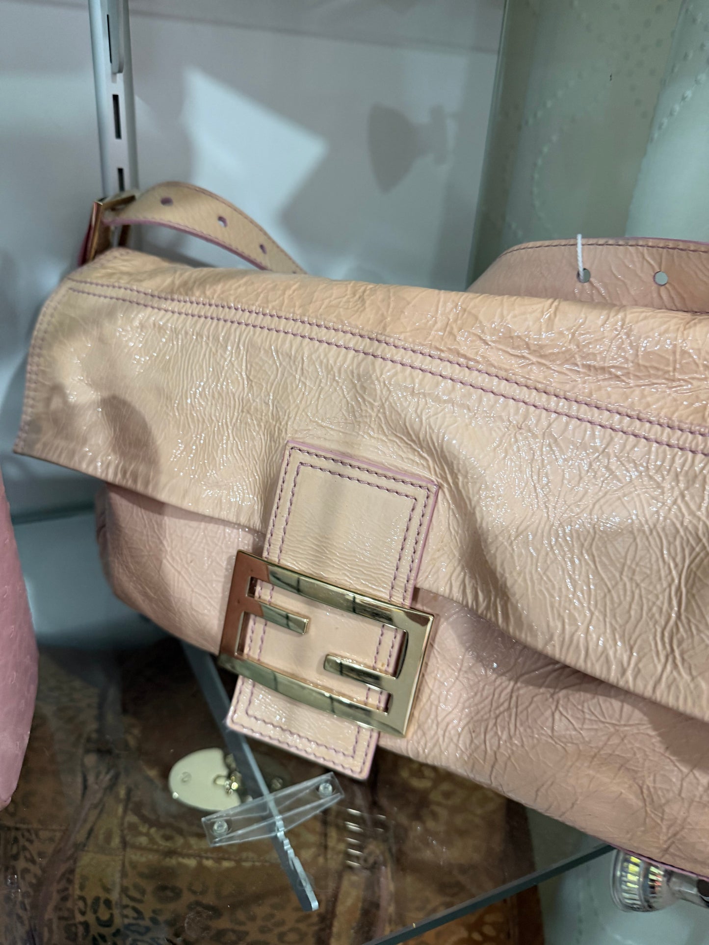 Preloved Patent Leather Beige Fendi Baguette Bag, Grande