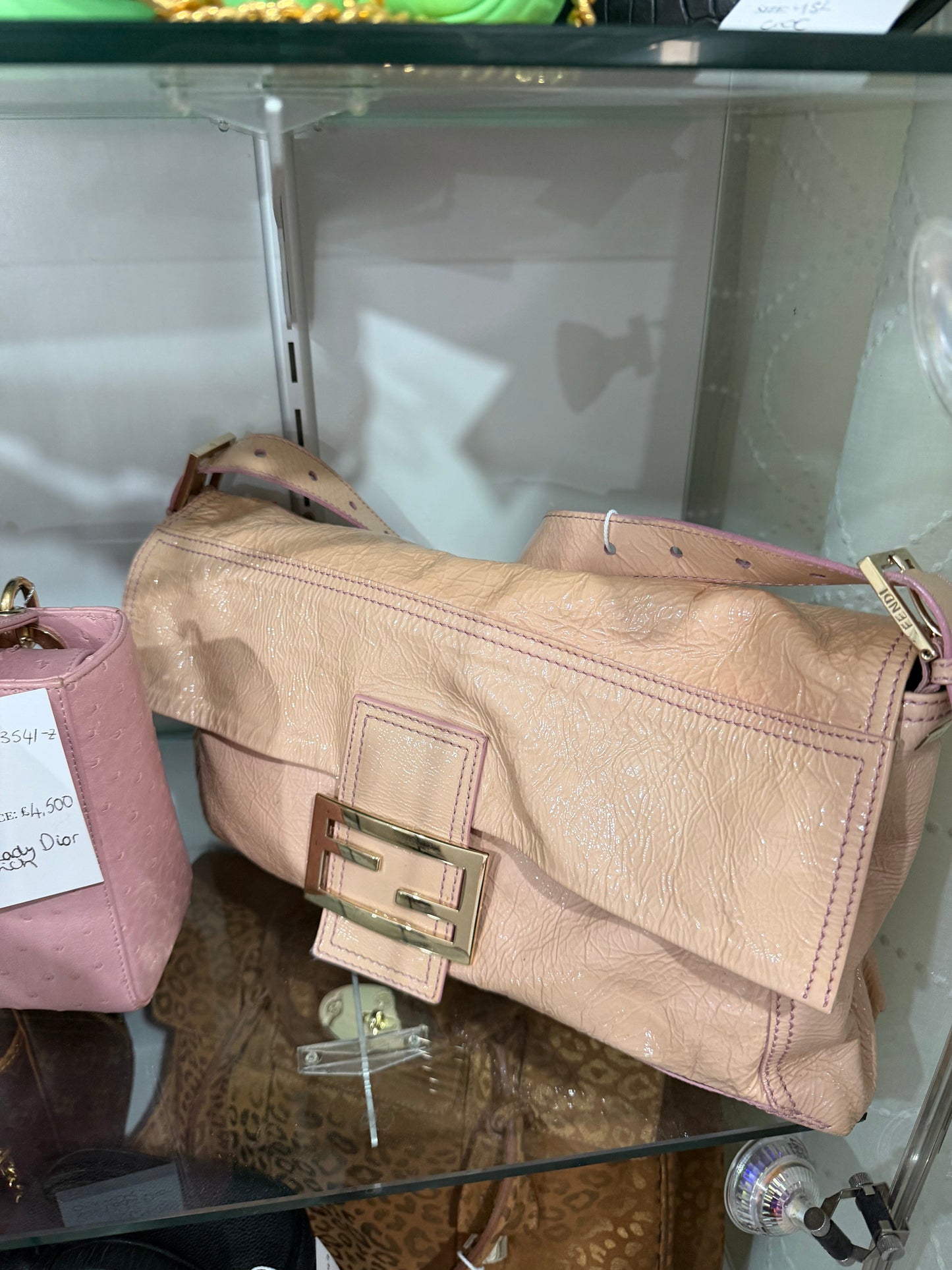 Preloved Patent Leather Beige Fendi Baguette Bag, Grande