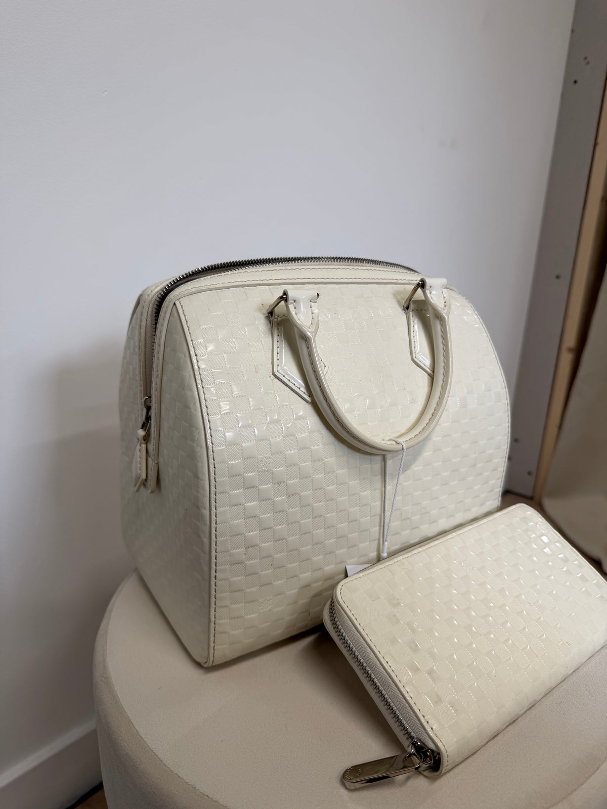 Preloved Louis Vuitton Bag & Purse Set Damier Facette Speedy Cube Cream/White Calfskin