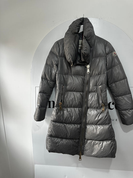 Grey Moncler Long Puffer Coat, Size S
