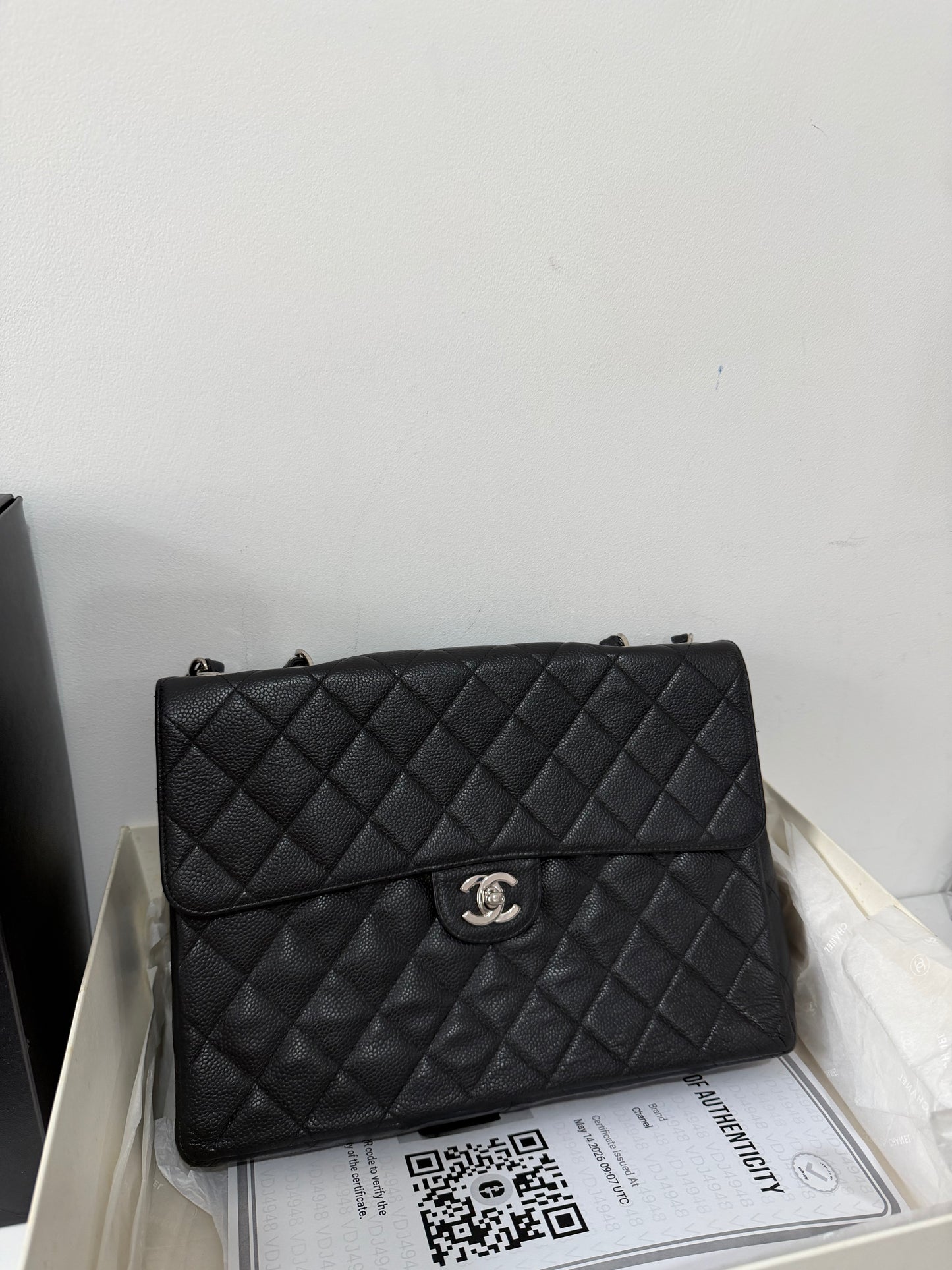 Preloved, Black Chanel Quilted Jumbo Single Flap Bag, Silver Hardware, Black Caviar Leather
