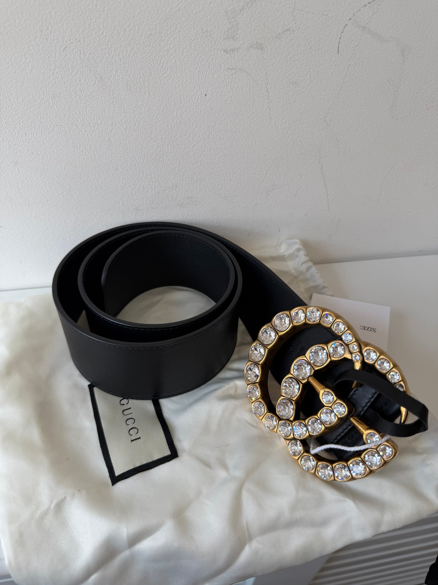 Pre-loved black with gold Gem Gucci Chunky belt, Size 95 W36
