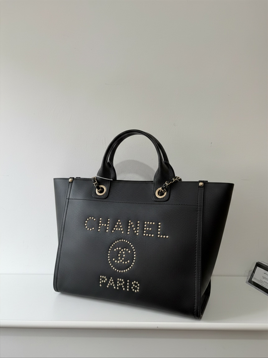Preloved Chanel Handbag Tote Deauville Black and Gold Studded