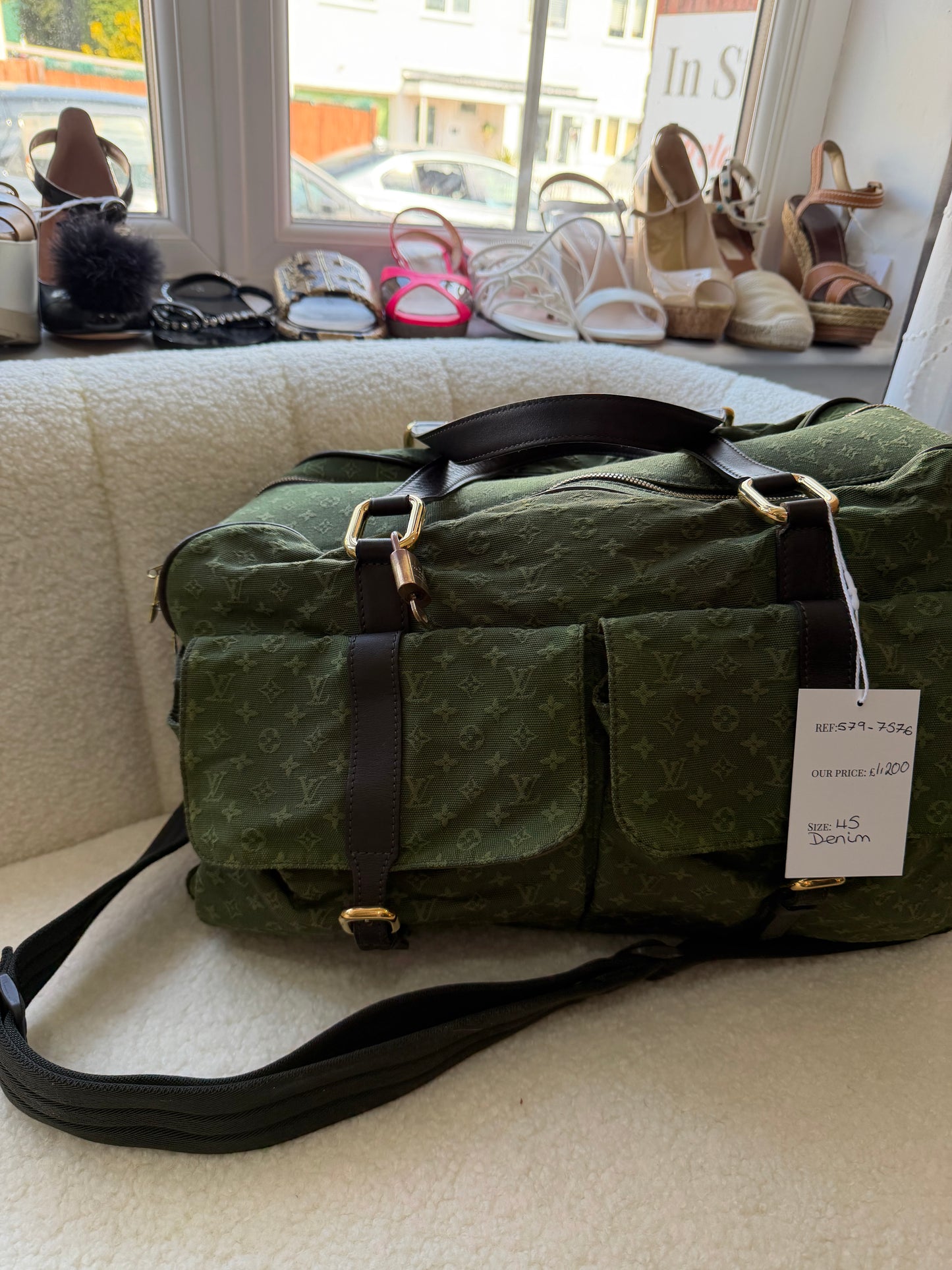 Preloved Green Denim Louis Vuitton Keepall Duffle, 45
