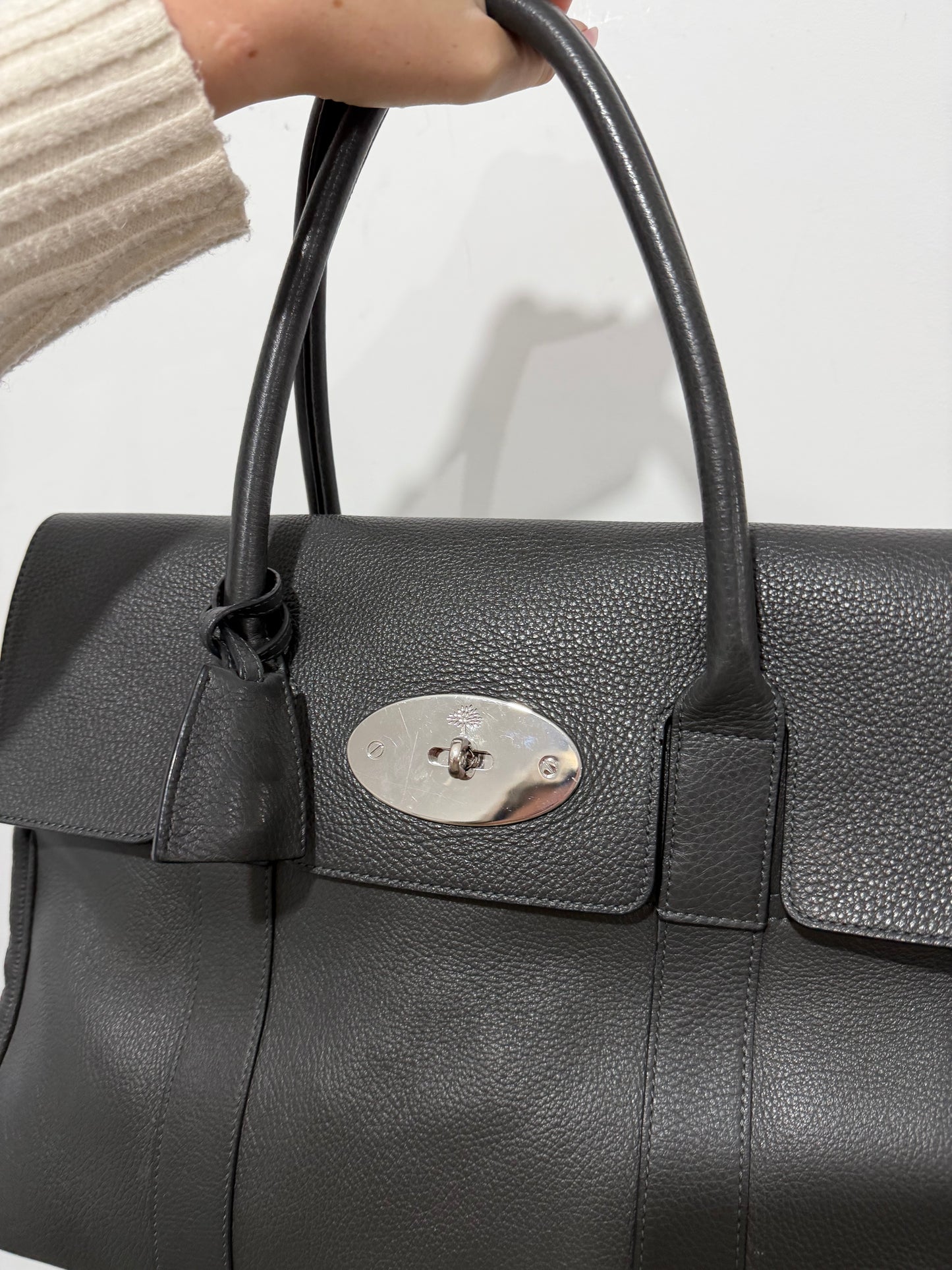 Grey Grained Leather Mulberry Bayswater Handbag, Silver Hardware