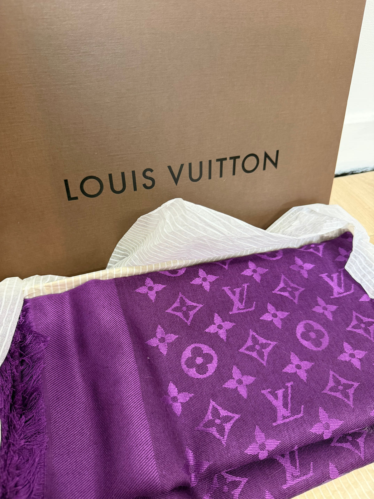 Preloved Louis Vuitton Scarf Purple, Brand new in box