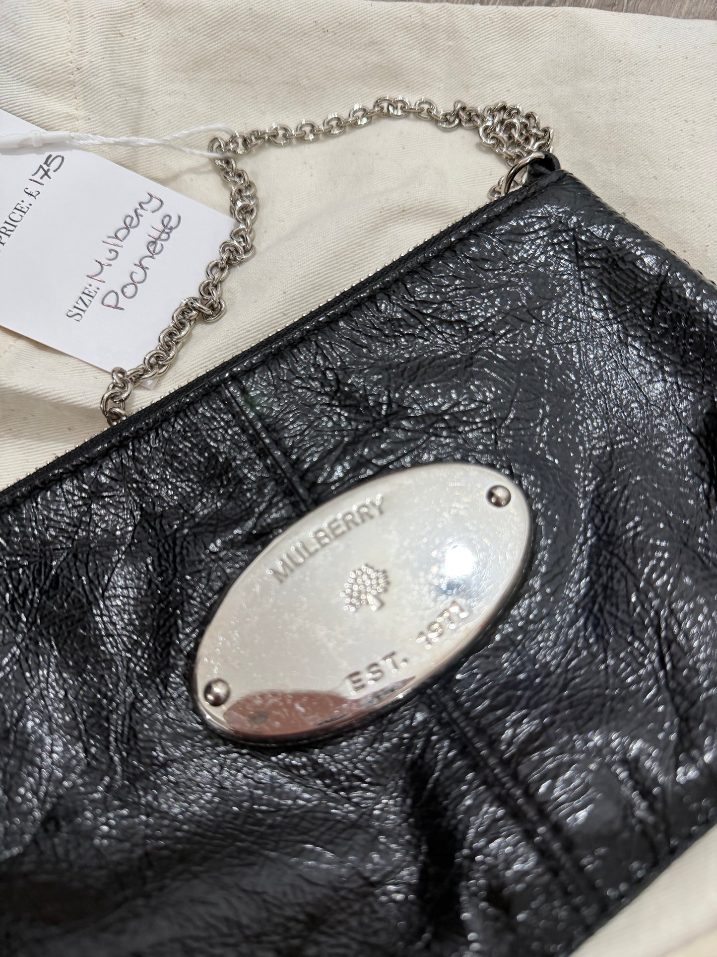 Black Patent Mulberry Shoulder Bag, Charlie Pochette with Chain