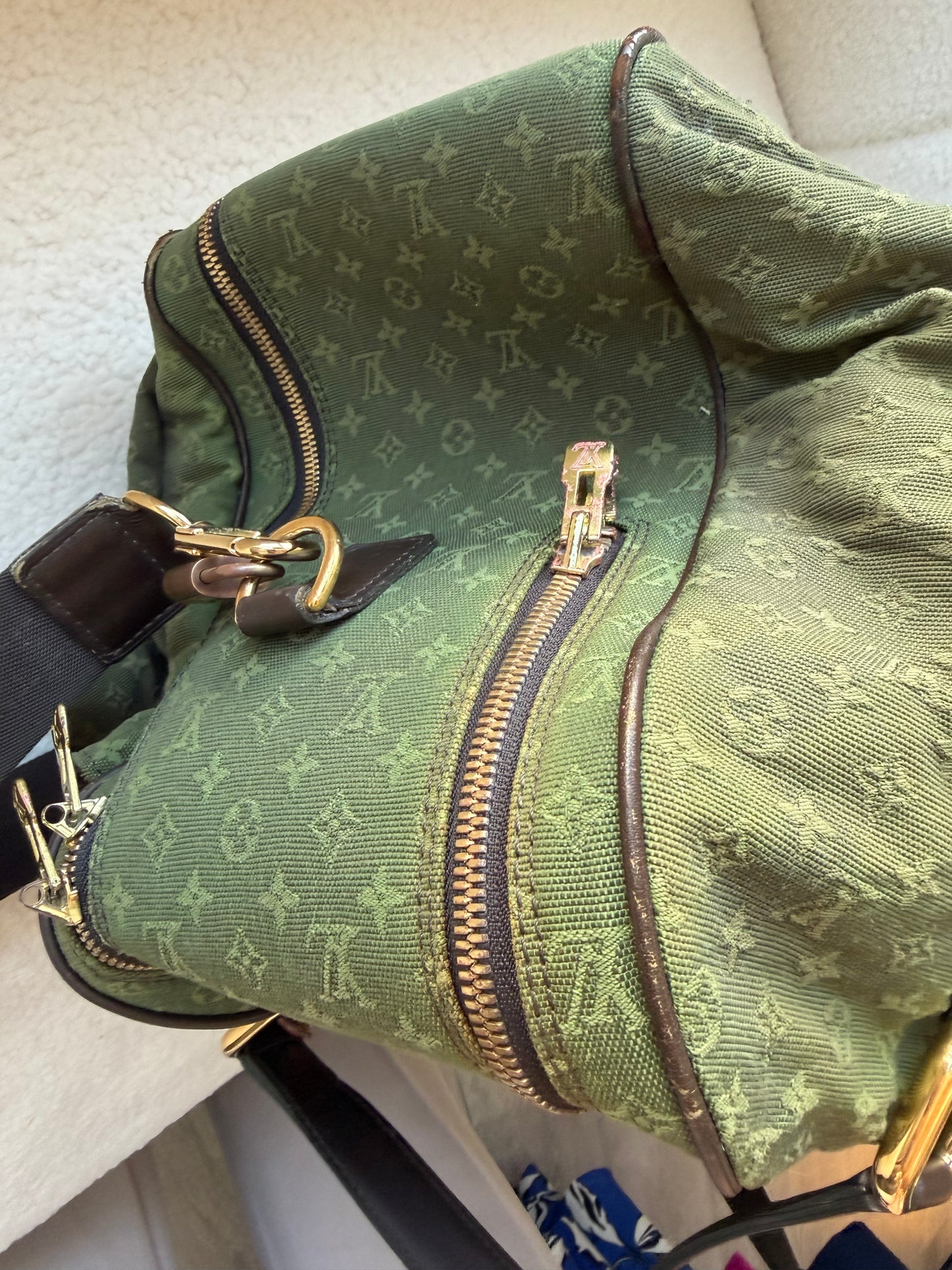Preloved Green Denim Louis Vuitton Keepall Duffle, 45