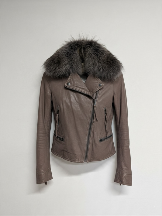 Preloved Verde Leather and Fur Jacket Small Grey