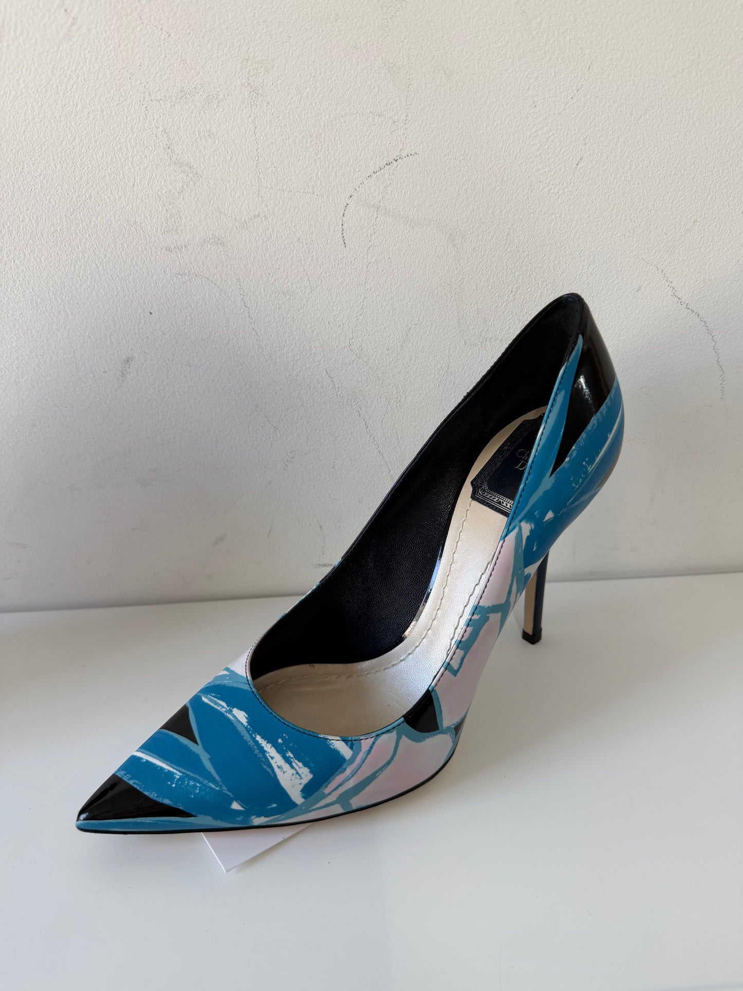 Preloved, Blue and Black Floral print  Christian Dior Heels, Size 37 - UK 4