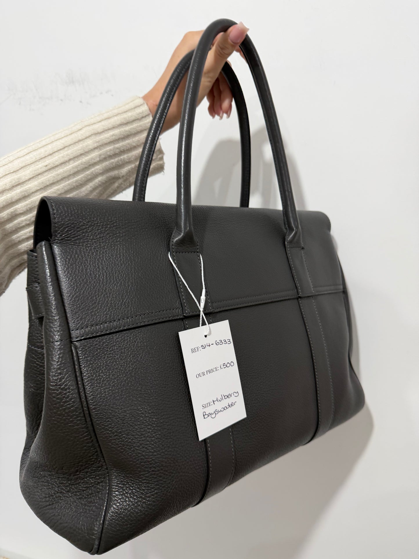 Grey Grained Leather Mulberry Bayswater Handbag, Silver Hardware