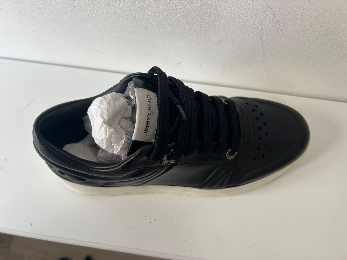 Preloved, Black leather with distinctive shaped eyelets and a chunky platform sole Jimmy Choo Hawaii Trainers, Size 38 - UK 5