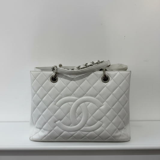 Preloved, White Chanel Classic Quilted Grand Shopping Tote, Silver Hardware