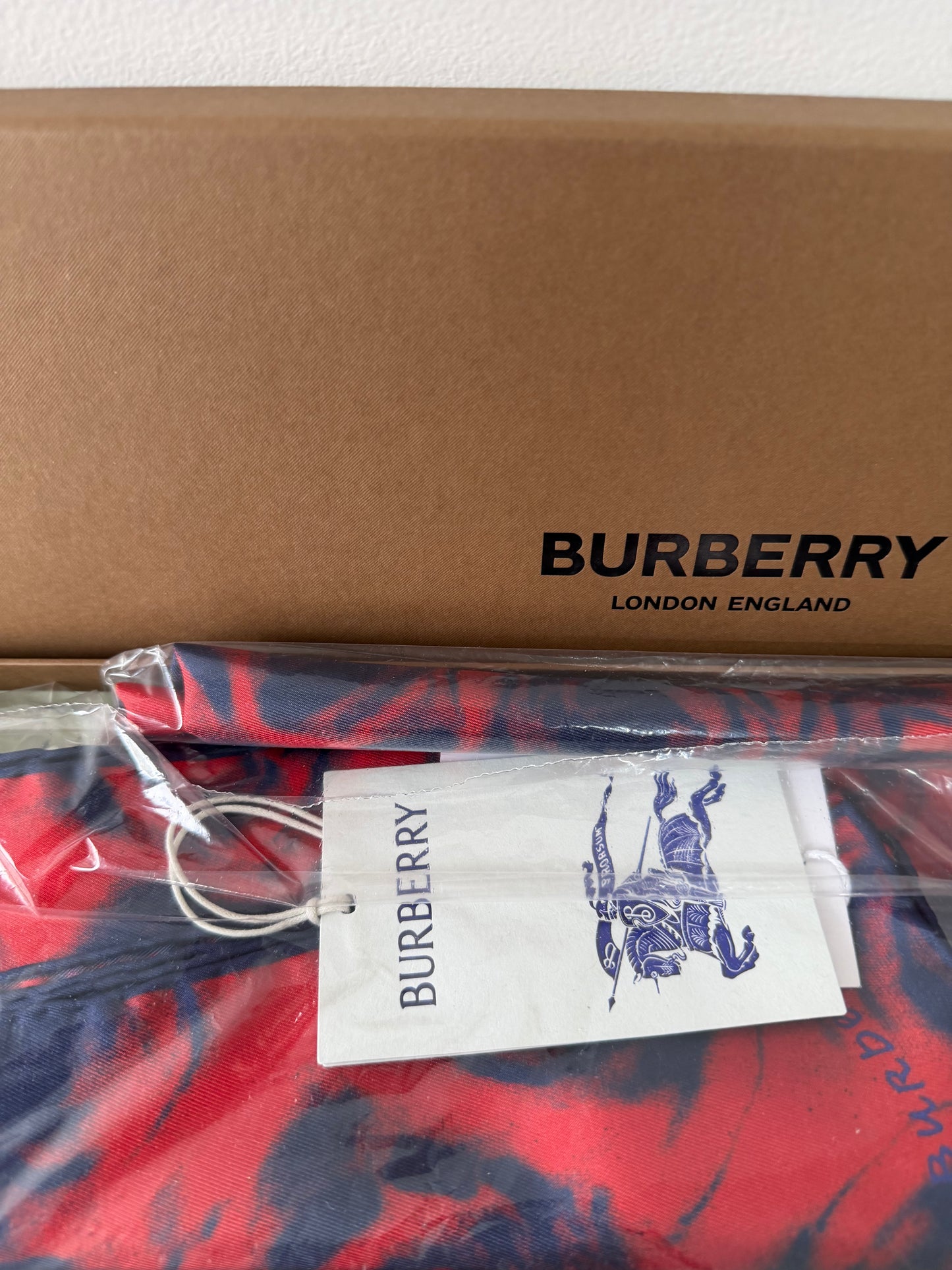 Preloved Red & Navy Burberry Silk Scarf, Brand New
