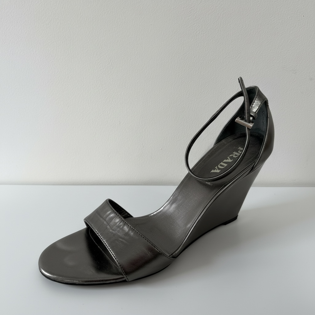 Pre-owned, Pewter Silver Prada Wedges, Size 6