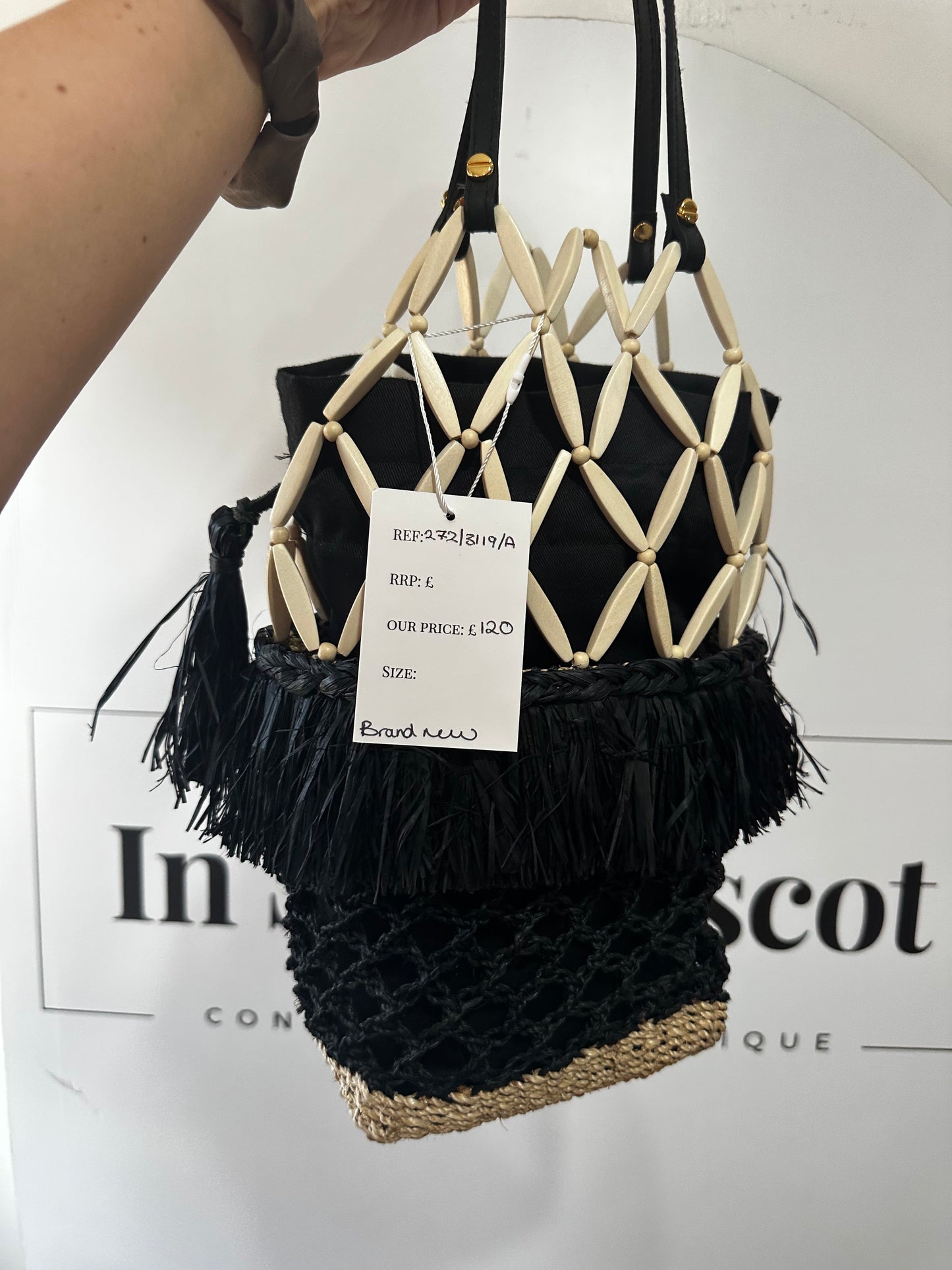 Black & Cream Raffia Aranaz Bag, Size M