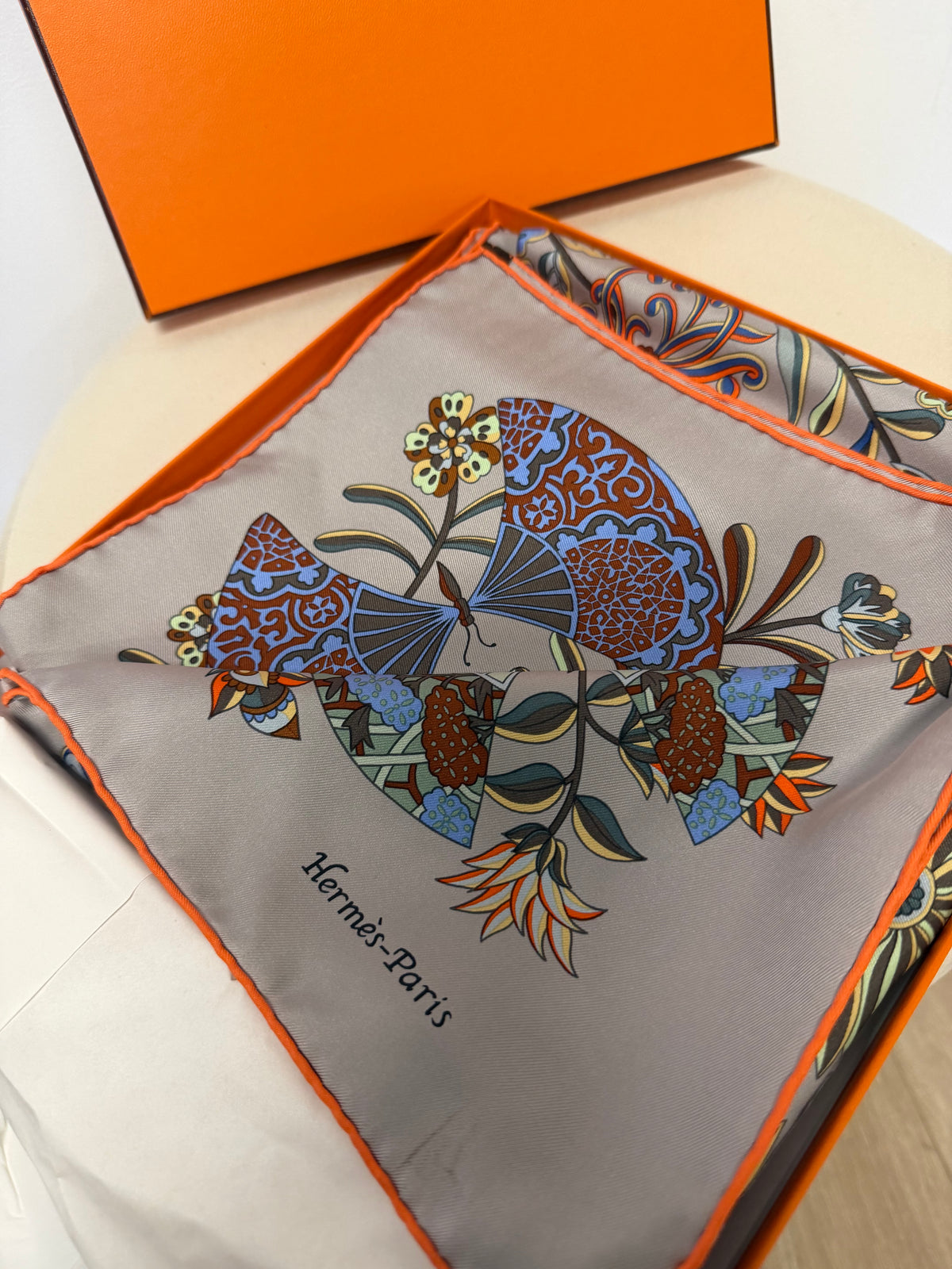 Preloved Hermes Scarf 90cmx90cm Boxed, Grey Pattern