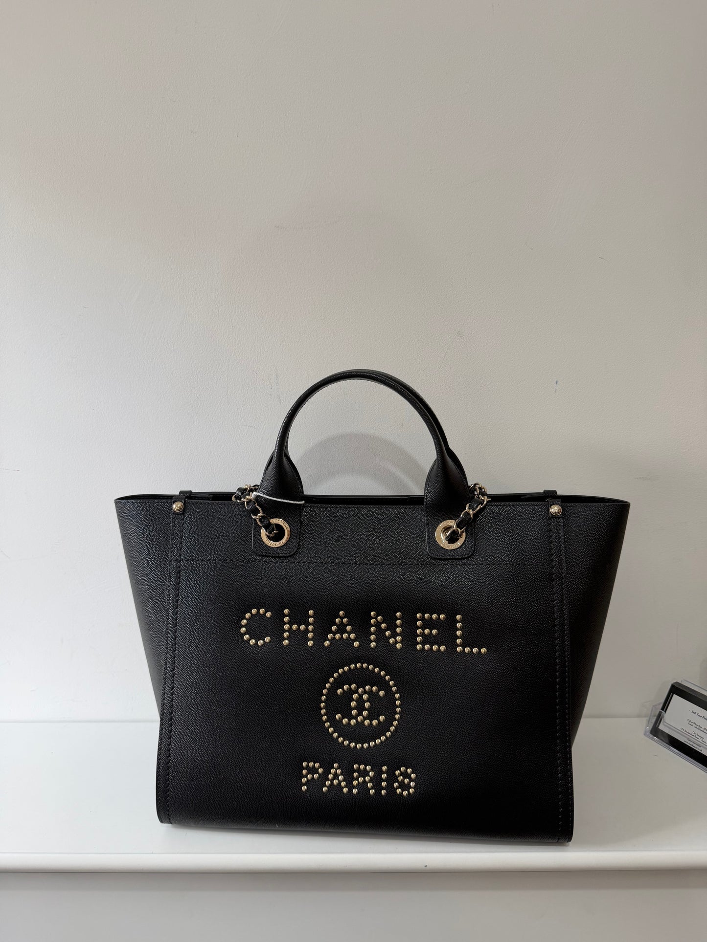 Preloved Chanel Handbag Tote Deauville Black and Gold Studded