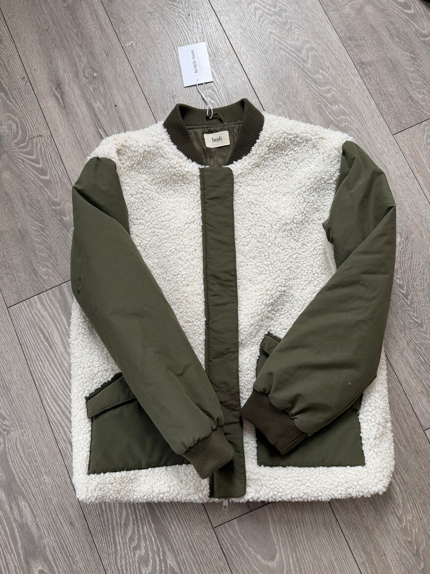 Preloved Hush Bomber Jacket Size 8 (8-10) Green and White