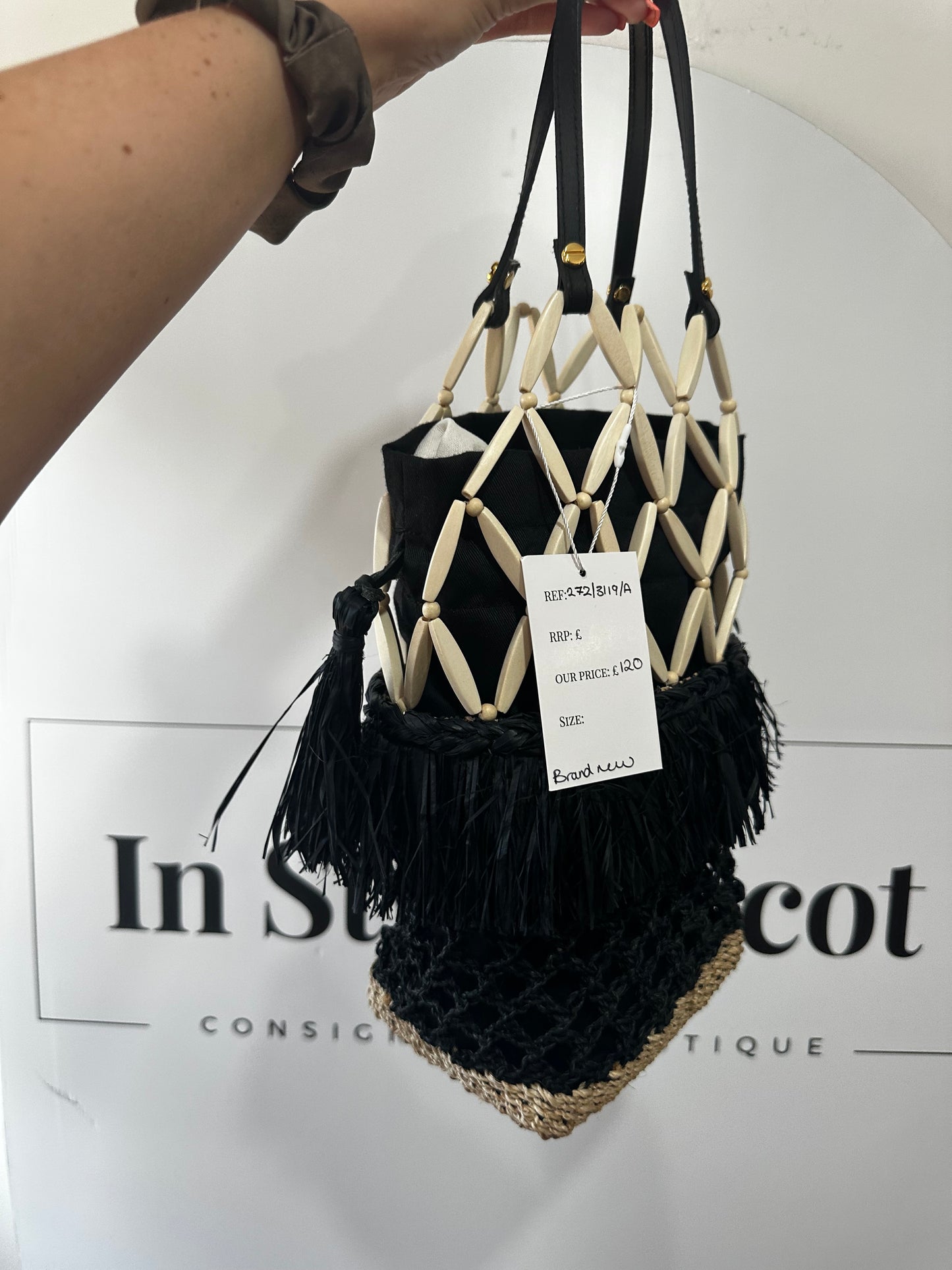 Black & Cream Raffia Aranaz Bag, Size M