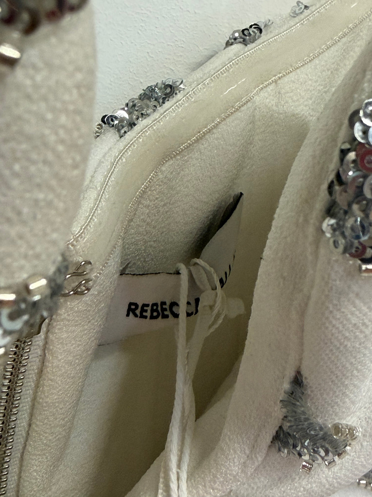 Preloved Rebecca Vallance Dress Size UK 8 White and Silver Sequin